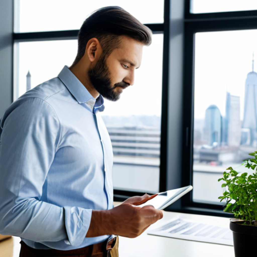 A professional sustainable design architect, mid-30s, wearing a modest business casual outfit (collared shirt, smart trousers), in a brightly lit, modern architectural studio. Large windows reveal a city skyline in the background. On the desk are blueprints, a tablet displaying a 3D model of a green building, and a potted plant. The architect is looking thoughtfully at the tablet, gesturing slightly with one hand towards the screen, engaged in design. Professional photography, high resolution, realistic, sharp focus, natural soft lighting, perfect anatomy, correct proportions, natural pose, well-formed hands, proper finger count, natural body proportions, safe for work, appropriate content, fully clothed, professional dress, modest, family-friendly.