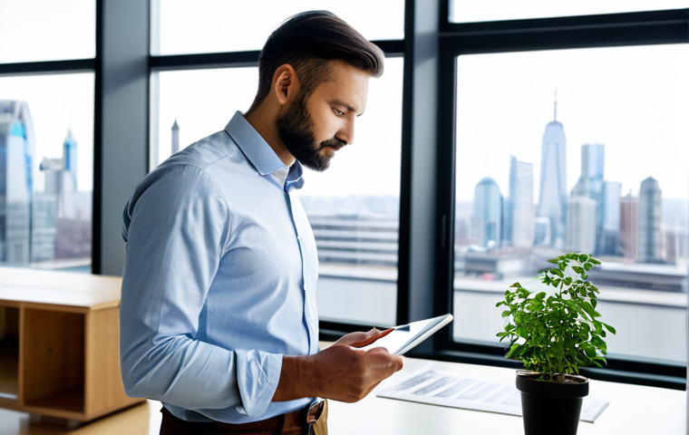 A professional sustainable design architect, mid-30s, wearing a modest business casual outfit (collared shirt, smart trousers), in a brightly lit, modern architectural studio. Large windows reveal a city skyline in the background. On the desk are blueprints, a tablet displaying a 3D model of a green building, and a potted plant. The architect is looking thoughtfully at the tablet, gesturing slightly with one hand towards the screen, engaged in design. Professional photography, high resolution, realistic, sharp focus, natural soft lighting, perfect anatomy, correct proportions, natural pose, well-formed hands, proper finger count, natural body proportions, safe for work, appropriate content, fully clothed, professional dress, modest, family-friendly.