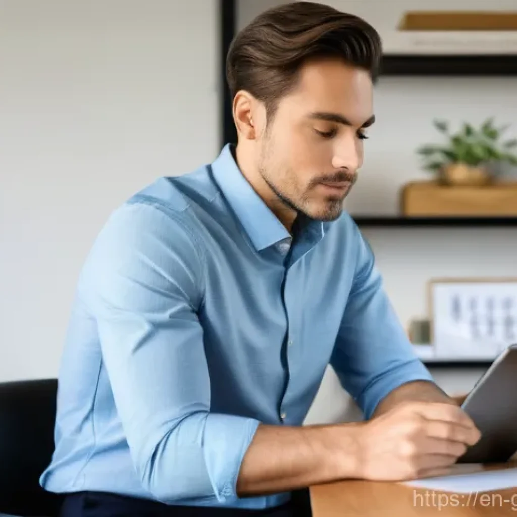 친환경건설기사 자격증 공부용 앱 추천 - A focused young professional, early 30s, casually dressed in a neat light blue shirt and dark trouse...