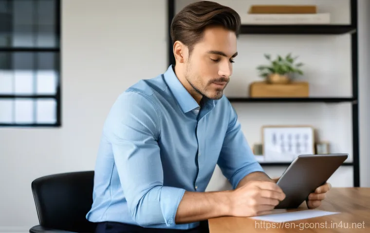 친환경건설기사 자격증 공부용 앱 추천 - A focused young professional, early 30s, casually dressed in a neat light blue shirt and dark trouse...